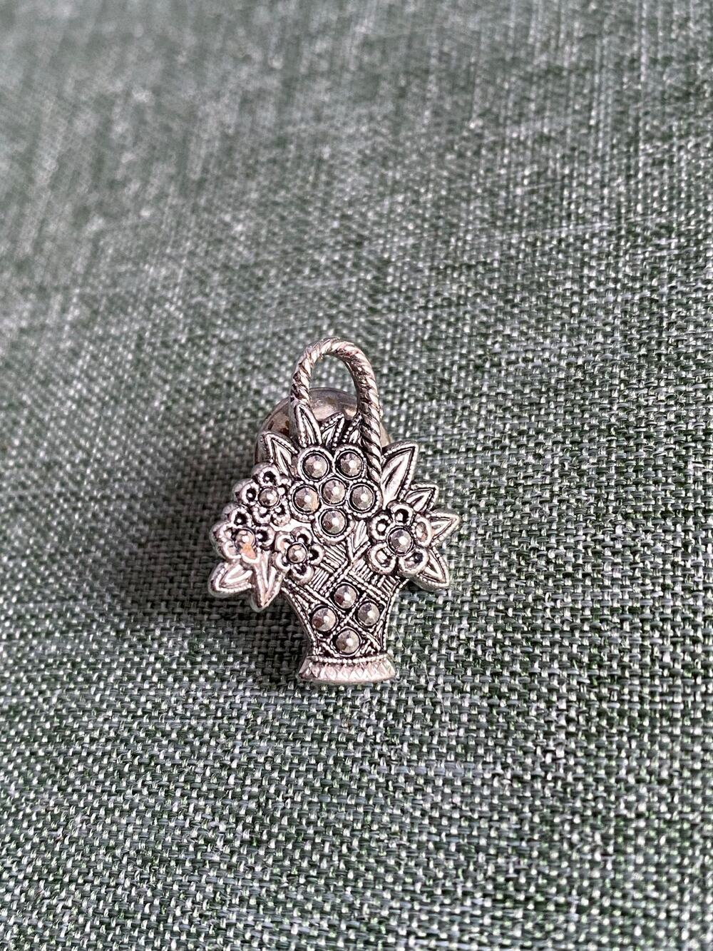 Vintage Avon Silver Tone Marcasite Style Flower Basket Lapel Pin Brooch Small